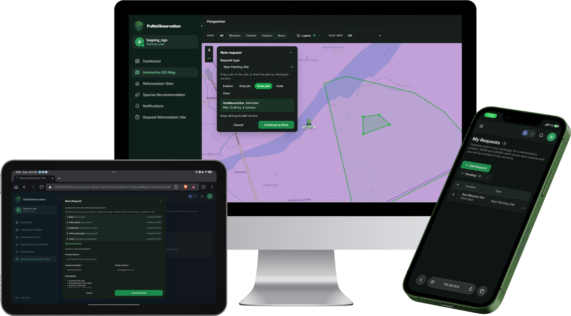 Requesting a reforestation site on a desktop, tablet and phone: drawing the plot on the map, the request form with suggested species, and the list of submitted requests