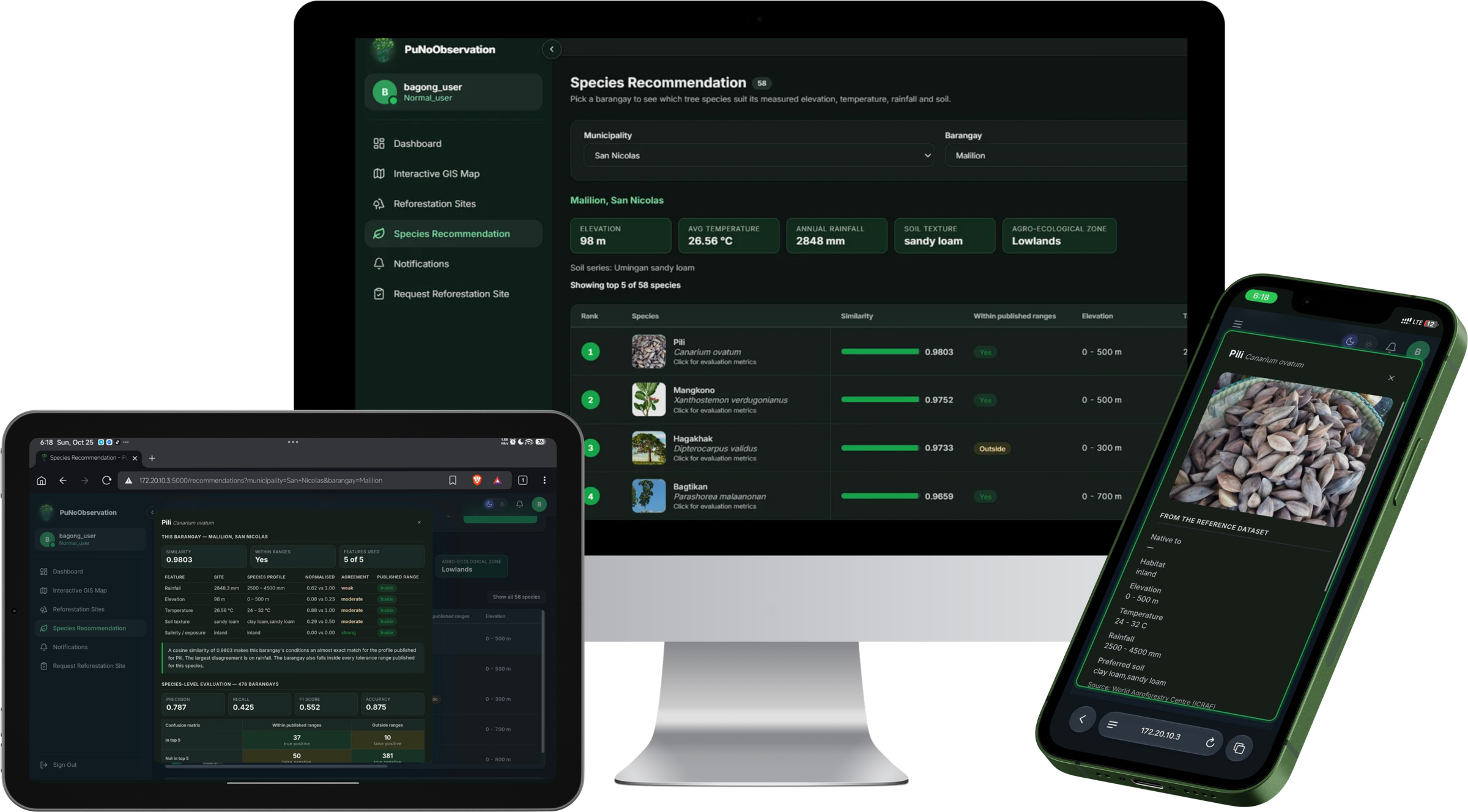 Species recommendation on a desktop, tablet and phone: native species ranked by similarity for a barangay, a species' evaluation metrics, and its reference profile